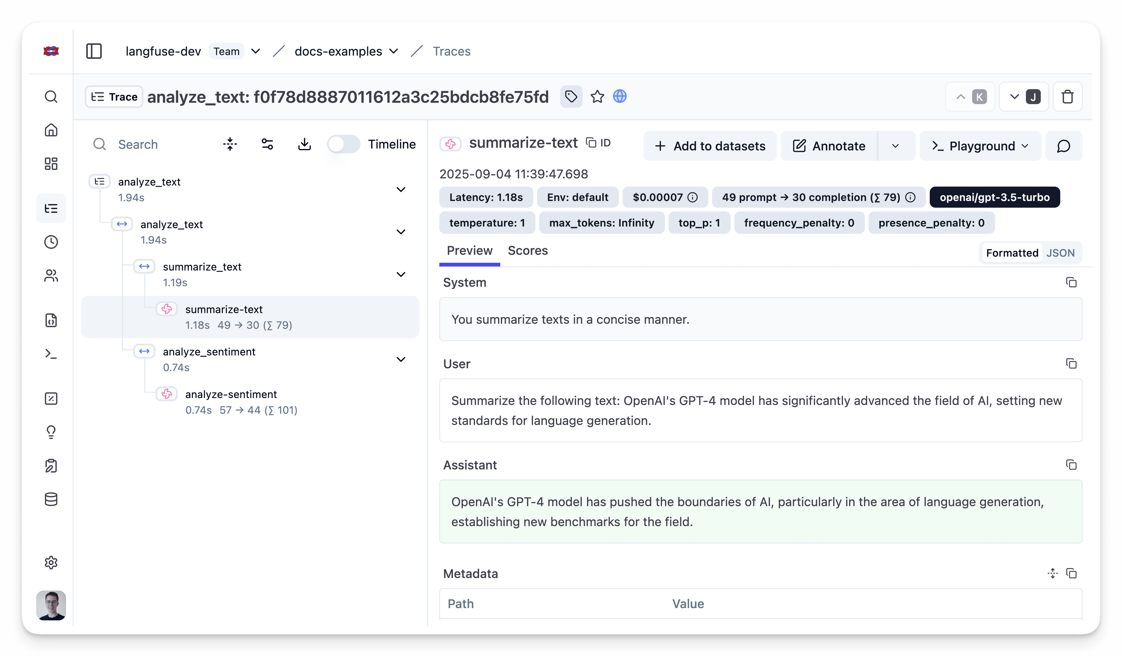 Example trace in Langfuse
